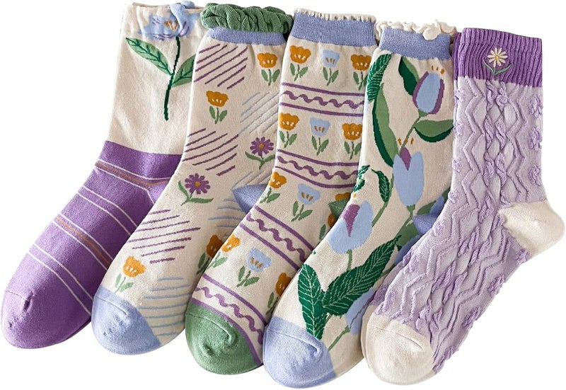 MarJunSep Cute Floral Crew Socks for Women Teen Girls Flower Cottagecore Frilly Vintage Fancy Cotton Socks - Image 1